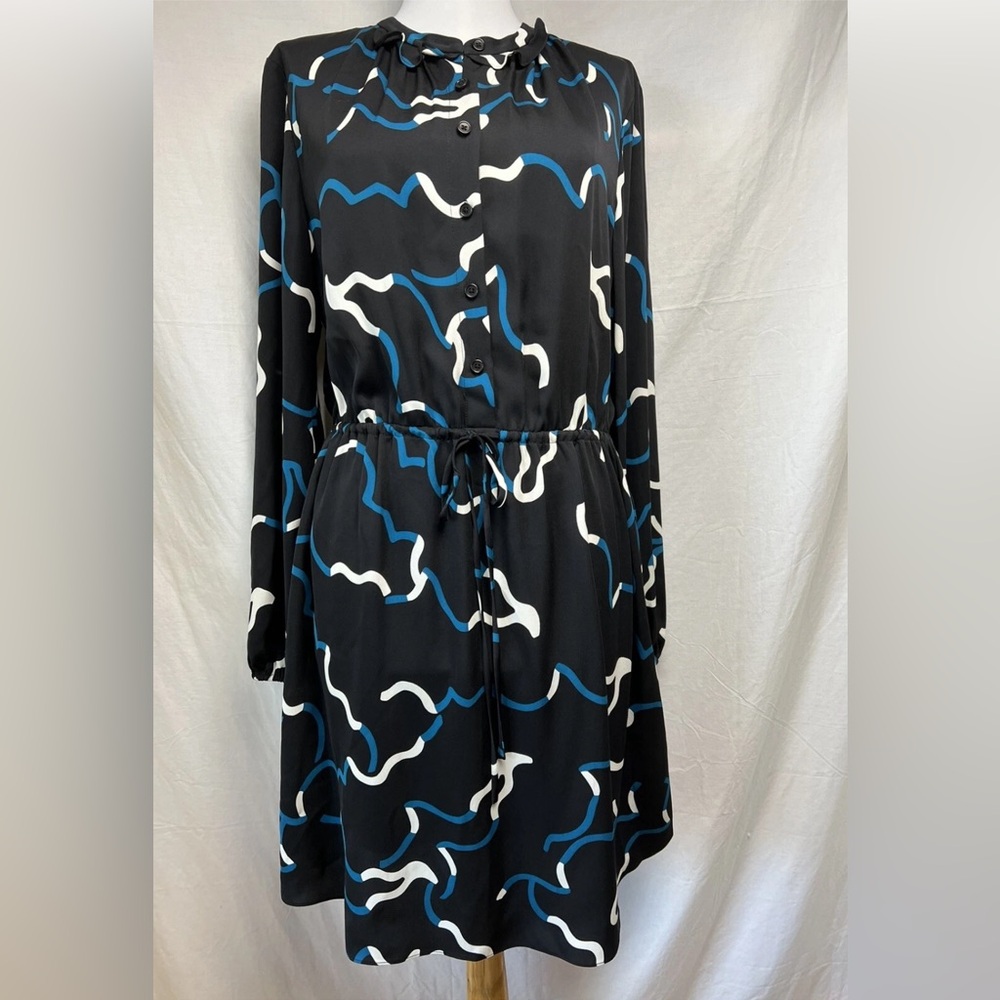 nwt Diane von Furstenberg Lindi Silk Shirt Dress Sz 8 Tie Waist Black Blue DVF
